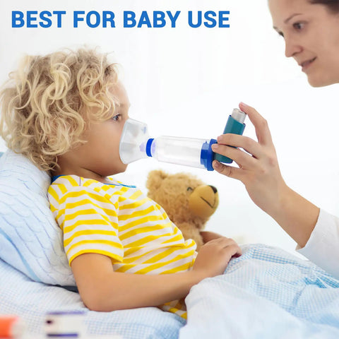 Child using Kid And Adult Friendly Inhaler Spacer Kit With Two Masks For Easy Aerosol Delivery From Metered Dose Inhalers