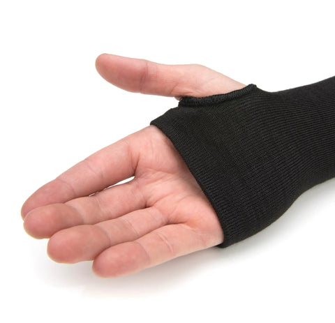 Hardcore Cut Resistant Arm Sleeves Built Tough With Real Dupont Kevlar Fiber For Serious Shop And Mat Drills showing black sleeve over hand.