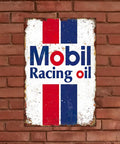 Kickass Vintage Metal Tin Signs Set Of Six Retro Garage Wall Decor Featuring Distressed Oil And Gas Station Prints For Awesome Man Cave Badass Automotive Wall Art, Mobil Racing oil sign on brick wall.