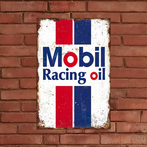 Kickass Vintage Metal Tin Signs Set Of Six Retro Garage Wall Decor Featuring Distressed Oil And Gas Station Prints For Awesome Man Cave Badass Automotive Wall Art, Mobil Racing oil sign on brick wall.
