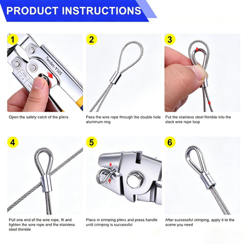 Instructions for using Beefy Heavy Duty Wire Rope Crimping Tool Up To 2.2mm Swaging Kit With 160 Aluminum Crimp Loop Sleeves