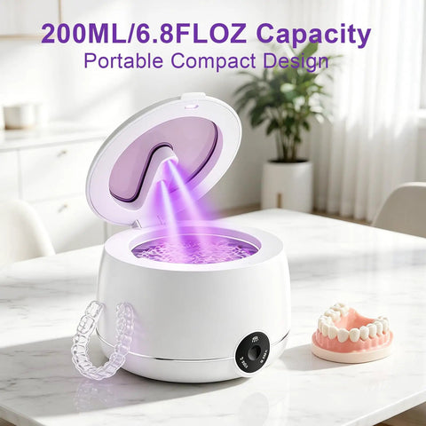 Dual Ultrasonic And UV Retainer Cleaner For Dentures And Invisalign on a table, 200ml tank, open lid with UV light
