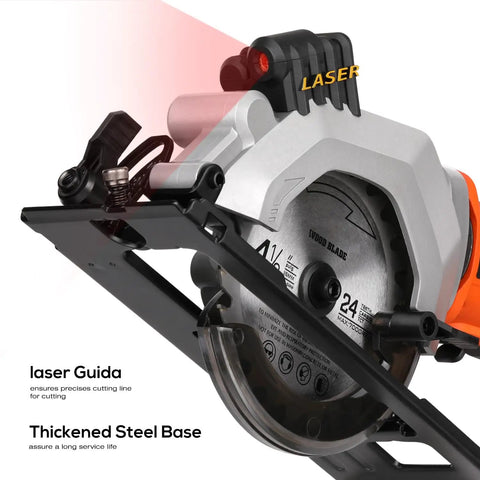 Compact Cordless Mini Circular Saw 20V Battery Powered With Blazing 3400 RPM Motor and Loaded 2.0 Ah Pack close-up of laser guide and steel base.