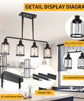 4 Light Cage Pendant Kitchen Island Light, Linear Black Metal Fixture For Dining Table And Living Room, chandelier details