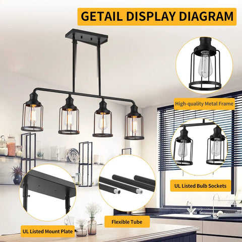 4 Light Cage Pendant Kitchen Island Light, Linear Black Metal Fixture For Dining Table And Living Room, chandelier details