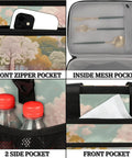 Multiple views of Insulated Picnic Backpack For Everyday Lunch On The Go, showing front zipper, mesh pocket, side pocket, and handle.