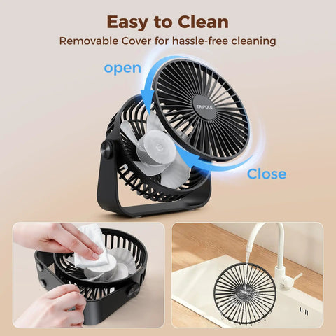 USB Desk Fan Portable Mini Personal Fan with 360 Degree Head, washable cover shown removed for cleaning.