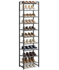 Heavy Duty Ten Tier Metal Shoe Rack Holds Up To Twenty Two Pairs Tall Slim Entryway Organizer With Adjustable Bottom Shelf And Secure Anti Tip Strap For All Your Kicks Black, displaying various shoes.