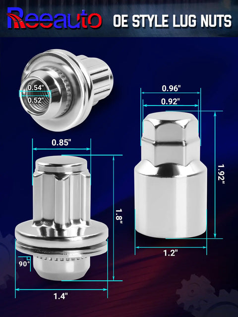 Solid M14 X 1.5 Wheel Lock Lug Nuts With Anti Theft Key Sockets showing three chrome lug nuts with dimension markings.