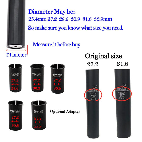 Diagram showing diameter and adapter options for Bike Suspension Seatpost With Coil Spring And Shock Absorber, Lightweight Aluminum Body