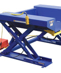 Electric Hydraulic Ground Lift Table With Tilt Top, 44 By 52 Inch Steel Deck, 4000 Lb Capacity, Blue Shop Floor Grinder shown with control switch.