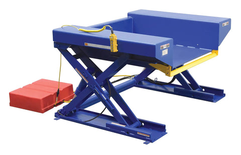 Electric Hydraulic Ground Lift Table With Tilt Top, 44 By 52 Inch Steel Deck, 4000 Lb Capacity, Blue Shop Floor Grinder shown with control switch.