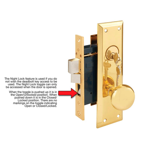 Brass Mortise Lock Set, Right Hand, Two And A Half Inch Backset, with surface mounted design and night latch visible