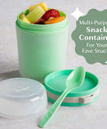Double Wall Insulated Yogurt Container With Spill Proof For Real Lid Green Snack Cup Holding A Reusable Spoon Microwave Safe Dishwasher Approved Freezer Ready 14 Ounce Grab And Go Food Storage For Lunch with fruit inside.