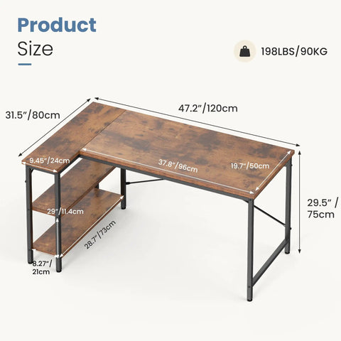 L Shaped Desk 47 Inch Computer Desk for Home Office and Gaming, Corner Desk With Reversible Storage Shelves, dimensions shown