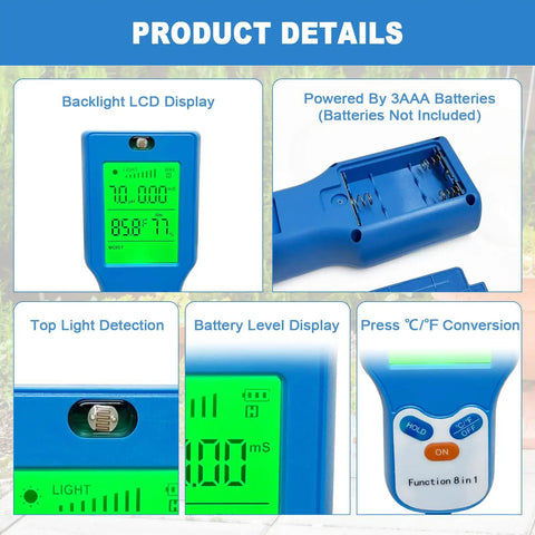 Dope 8 In 1 Soil Meter For Moisture pH Fertility Light And Temperature With Real Time Readouts And Ambient Humidity For Gardeners And Plant Lovers To Dial In Healthy Growth, blue LCD display