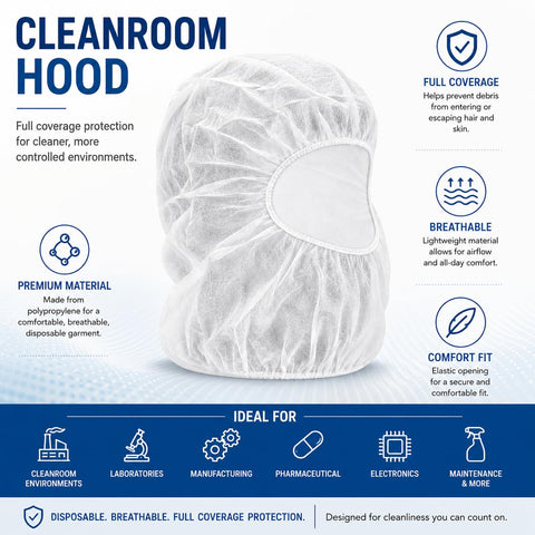 Heavy Duty Disposable Cleanroom Hood Cover In Spunbond Polypropylene With Latex Free Elastic Band For Full Head Coverage, breathable design.