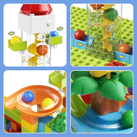 Motorized Marble Run Elevator Kit With Perpetual Motion Machine components and colorful track details in STEM playset