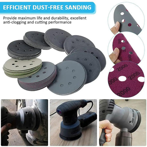 120Pcs 5 Inch Hook And Loop Sanding Discs Set For Wet Dry Sanding Silicon Carbide Flocking Pads With 8 Hole Grits 240 320 400 600 800 1000 1500 2000 3000 For Wood Metal Auto Repair in use and close-up view.