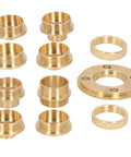 Eleven Piece Router Template Guide Kit Packing Tough Brass Bushings And Secure Lock Adapters, featuring various brass bushings.