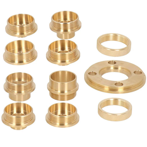 Slick Brass Router Template Guide Bushing Kit Eight Piece Woodworking Accessory Set With Lock Nut Adapter showing brass bushings and adapter.