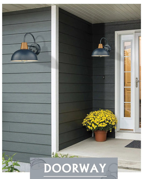 Blue Dusk To Dawn Outdoor Gooseneck Wall Lights 2 Pack With Hammered Metal Shade Weatherproof Barn Style Sconces For Porch And Yard Pathway Automatic Sensor No Manual On Off