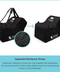 Fully Padded Infant Car Seat Travel Bag For Airplane Trips Fits Most Car Seats Gate Check Ready AirTag Compatible Durable Black Cover For UPPAbaby Nuna Chicco And More showing backpack straps and handle with care label.