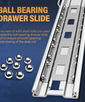 Ball bearing drawer slide with steel balls, highlighting ball bearing design for smooth operation. Heavy Duty Locking Drawer Slides With Lock, Full Extension Ball Bearing Rails, Side Mount, Locking Handles, 14 To 40 Inch Length, 150 Lb Load Capacity, Great For Cabinets, RVs, Trucks And Industrial Drawers.