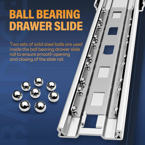 Ball bearing drawer slide with steel balls, highlighting ball bearing design for smooth operation. Heavy Duty Locking Drawer Slides With Lock, Full Extension Ball Bearing Rails, Side Mount, Locking Handles, 14 To 40 Inch Length, 150 Lb Load Capacity, Great For Cabinets, RVs, Trucks And Industrial Drawers.