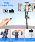Go To 50 Inch Extendable Selfie Stick Tripod For Phones With Remote Shutter showing phone holder and wireless remote in use