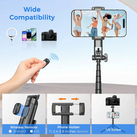Go To 50 Inch Extendable Selfie Stick Tripod For Phones With Remote Shutter showing phone holder and wireless remote in use