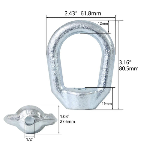 Heavy Duty Built Tough Half Inch 13 Bail Tap Thread Eye Nut UNC Standard Lifting Ring Eye Nut Hot Dipped Galvanized Drop Forged Carbon Steel Fastener Four Pack Zadery with dimensions.