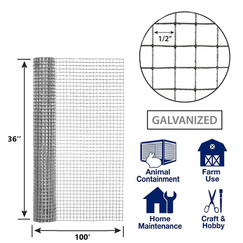 Heavy Duty Galvanized Welded Wire Cloth Roll 36 Inch Wide By 100 Feet Long One Half Inch Mesh 19 Gauge Fencing diagram