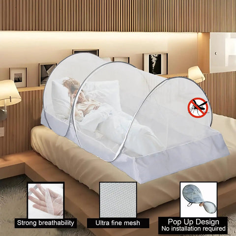 Foldable Mosquito Net Tent For Bed And Travel, Pop Up Portable Bug Net With Large Side Zipper on bed, easy setup