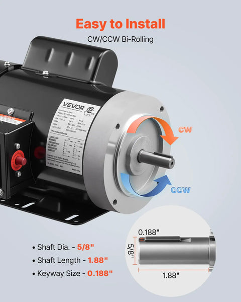 Beefy 1HP Air Compressor Electric Motor With 1725 RPM CW CCW Rotation 5/8 Inch Shaft 1.88 Inch Shaft Length 56 Frame
