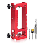 Door Hinge Jig Adjustable Mortise Jig Fits Door Hinges From Two Point Five To Five Inches Long And Various Thicknesses Includes Quarter Radius Five Eighths Radius And Square Corner Types Red Gift For DIYers And Pros shown in red aluminum with drill bits visible.
