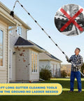 13 Foot Reach Gutter Cleaning Tool With No Ladder Needed Adjustable Pole 180 Degree Pivot Head in use
