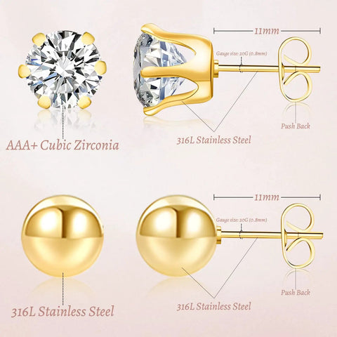 Allergen Free Stainless Steel Stud Earrings Set For Women, 10 Pairs Including Five 316L Ball Studs And Five 5A Plus Cubic Zirconia Pairs, Hypoallergenic Surgical Grade, 3mm Size, Everyday Sparkle You Can Rock. 316L stainless steel and CZ studs, 11mm push back