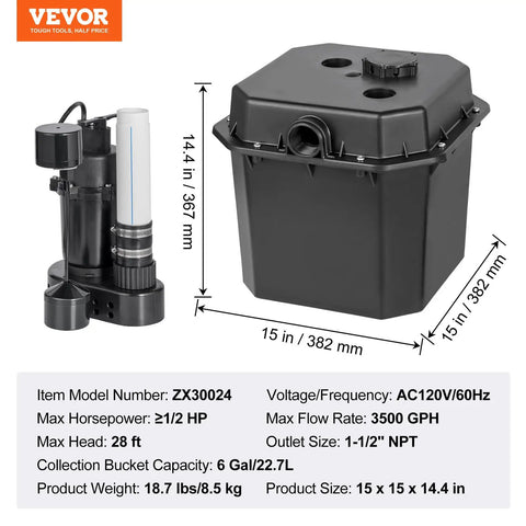 Heavy-Duty 1/2 HP 120V Sump Pump for Under-Sink Use, 3500 GPH, 28 ft Head, 6-Gallon Basin, Auto Utility Laundry Drain Pump With 1-1/2 Inch NPT Outlet, Black next to labeled dimensions and specs.