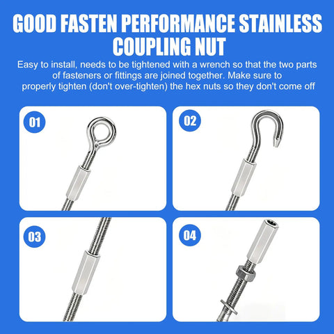 Heavy Duty 304 Stainless Steel M8 X 1.25 Pitch Metric Hex Coupling Nuts 24 Millimeter Long threaded barrel connectors in use.