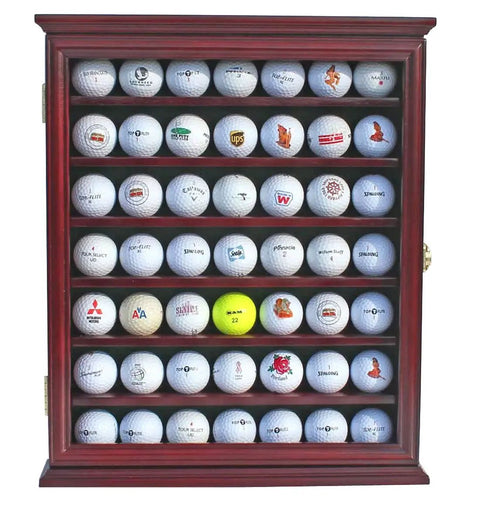 49 Ball Golf Ball Display Case Cabinet Wall Rack Holder Frame With 98 Percent UV Protection Acrylic Door Lockable Cherry Finish