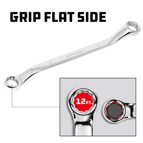 5 Piece Metric Offset Box End Wrench Set With 45 Degree Offset For Tight Spots, showing 12-point grip detail, Chrome Vanadium Steel