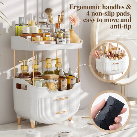 Four Tier White Makeup Organizer With Sleek Gold Handles Is A Total Game Changer For Bathroom Counter Storage Keeps Cosmetics Tidy Effortlessly And Never Misses The Mark, showcasing ergonomic handles and non-slip pads.