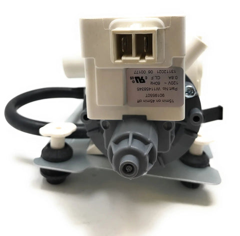 Close-up view of washer drain pump replacement W11458345 for Maytag Whirlpool washers, highlighting plug and play install feature.
