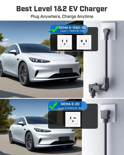 Portable Level 1 And Level 2 EV Charger with NEMA 5-15 and 6-20 plugs, shown with 8 to 16 amp adjustable current next to car.
