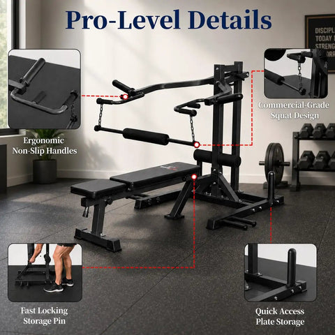 Plate Loaded Upper Body Strength Trainer With Independent Arms, adjustable backrest, multi grip handles in home gym setup.