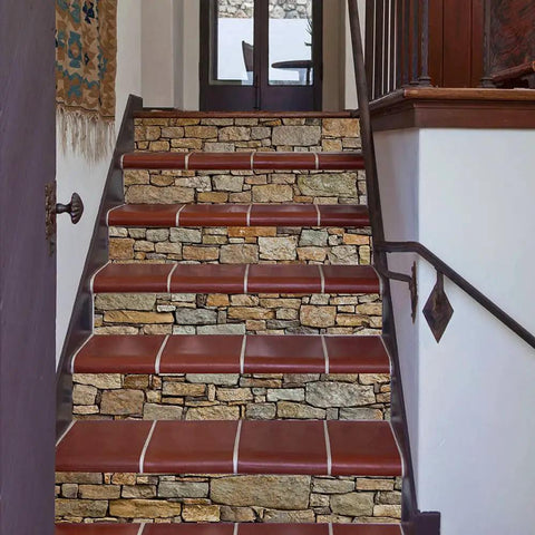 13 Strips Stair Stickers Vinyl Self Adhesive Staircase Decals Stone Pattern 39.37 By 7.08 Inch Each Strip For 13 Steps Easy Install Durable PVC Makeover For Flat Surfaces applied on stairs