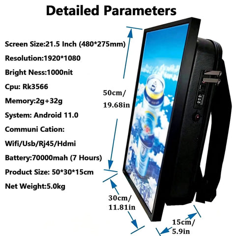 Slick Mobile Digital Backpack Billboard For Rolling Street Ad Campaigns, 21.5 Inch Full HD LCD Display detailed specifications.