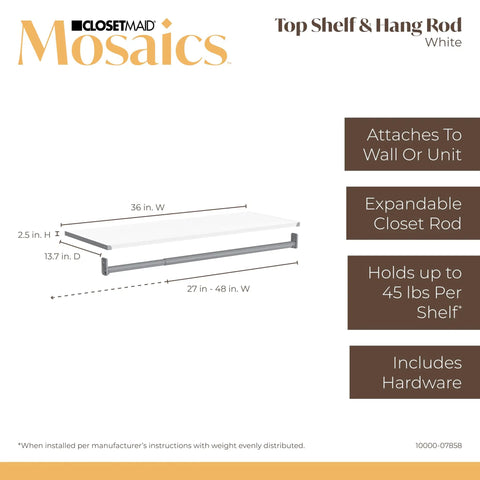 Slick White Modular Storage Organizer Kit With Adjustable Hanging Rods includes 36 inch top shelf for versatile home organization.