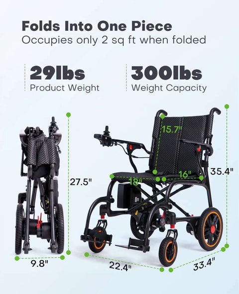 Ultralight Carbon Fiber Electric Wheelchair For Adults And Seniors Foldable Travel Mobility Aid Airline Approved All Terrain Motorized Chair With Twelve Point Four Mile Range, shown folded and open with dimensions and weights.